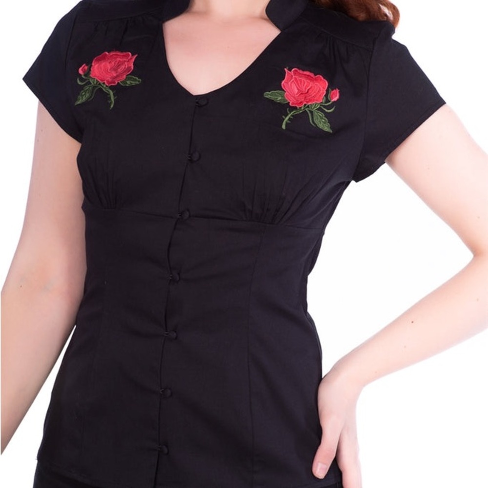 Unique Vintage Black Blouse with Red Floral Embroidery